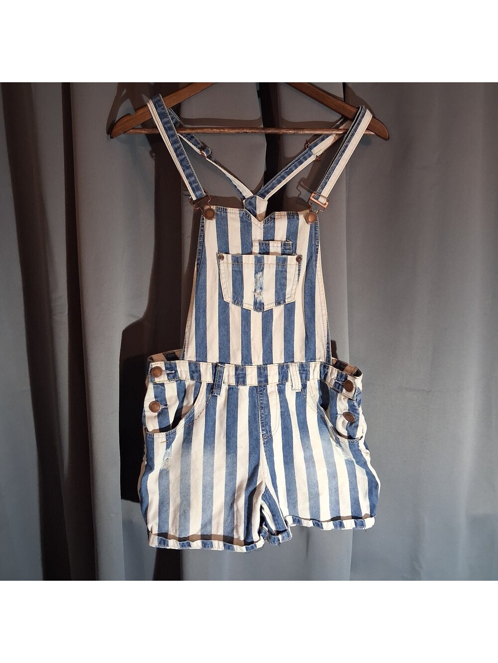 Yester Blue and White Striped Denim Short Overalls UK 10 EU 38